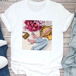 2/$40 Trendy Graphic Tee with Heels & Roses Print Casual White Trendy T-Shirt